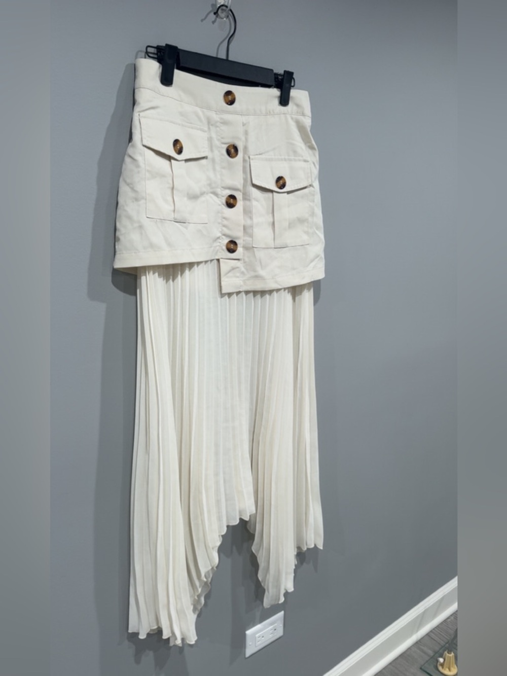 Commense Cream Asymmetric Pleated Maxi Skirt with Buttoned Waist - Picture 7 of 7